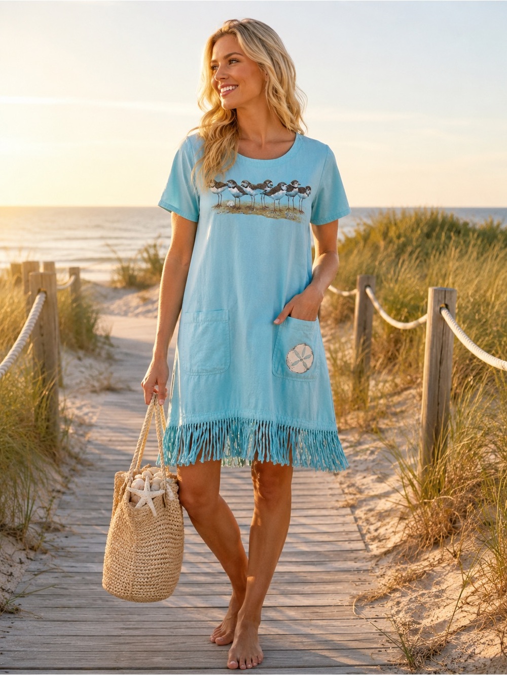 Bali Boutique Shorebird Fringe Hem Tunic Dress L Coastal Grandma Cottagecore